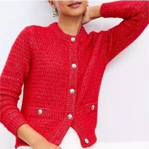 LOFT Vibrant Red Cardigan with Button Accents in gold texture beautiful new